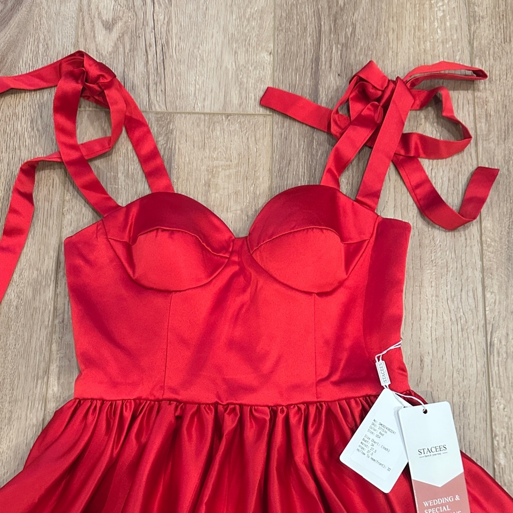 Red Satin Dress with Bow Straps - Picture 3 of 7